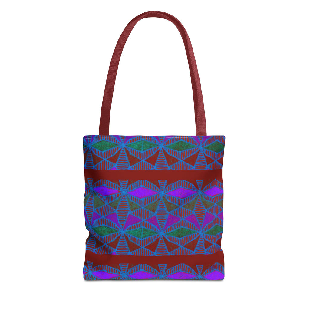 Geometric Heart Pattern Tote Bag — Vintage Tribal All-Over Print, geometric canvas tote bag with burgundy handles and colorful tribal pattern