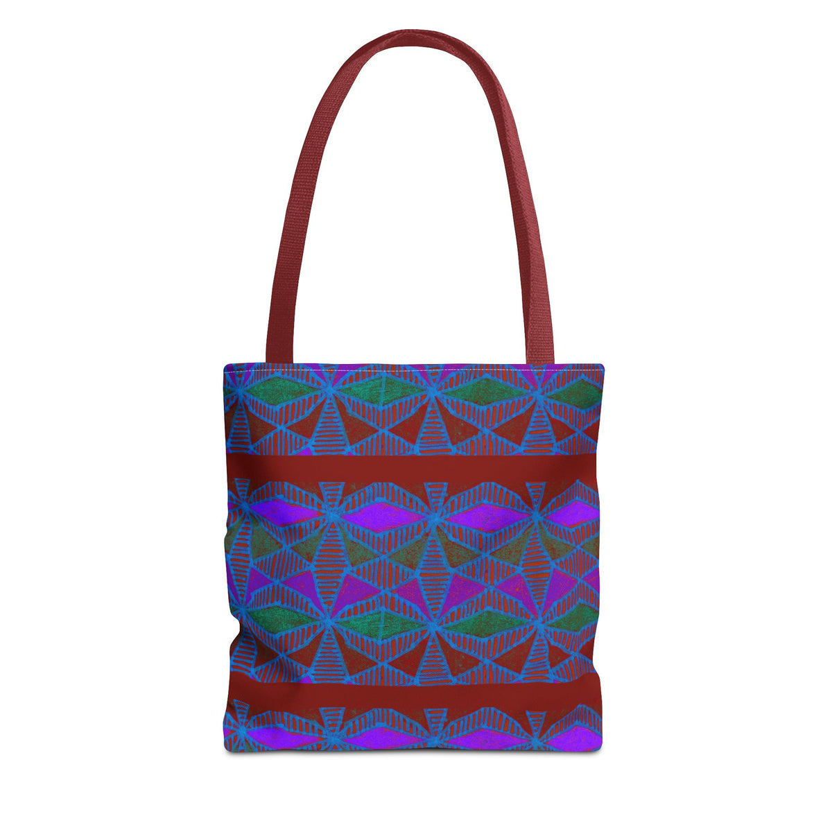 Geometric Heart Pattern Tote Bag — Vintage Tribal All-Over Print, geometric canvas tote bag with burgundy handles and colorful tribal pattern