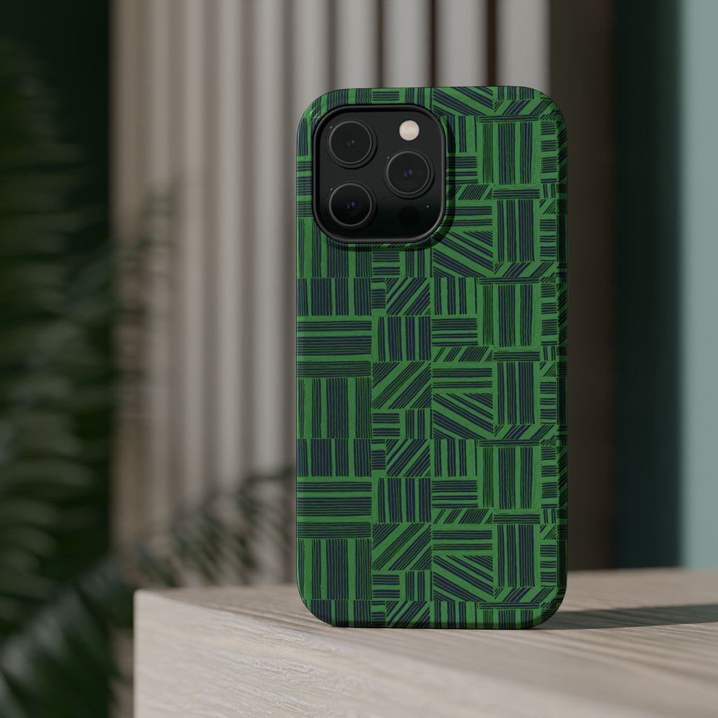 Green Magnetic Phone Case — 2-Layer Geometric MagSafe-Compatible Impact-Resistant Cover, green magnetic phone case- price match with CASETiFY and Casely, angled phone case with geometric green design.