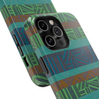 Green Geometric Stripe Phone Case — Impact-Resistant, wireless charging iphone 16 pro max case featuring teal horizontal stripes and forest green linework.