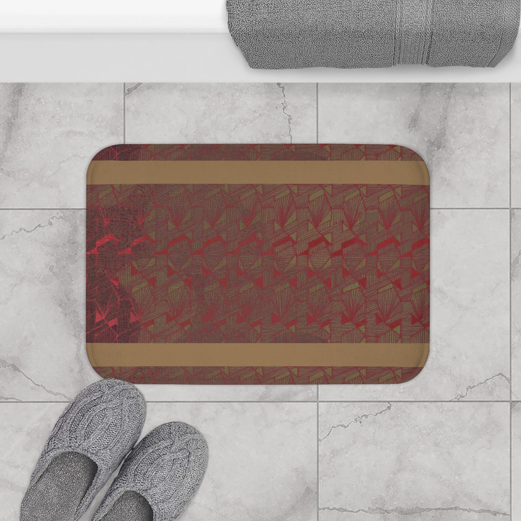 Rustic Red Houndstooth Bath Mat with Tan Border — Cozy Vintage Bathroom Rug