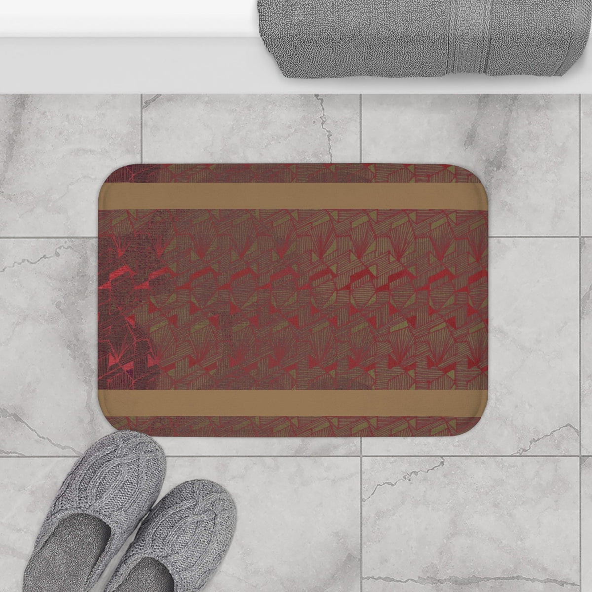 Rustic Red Houndstooth Bath Mat with Tan Border — Cozy Vintage Bathroom Rug
