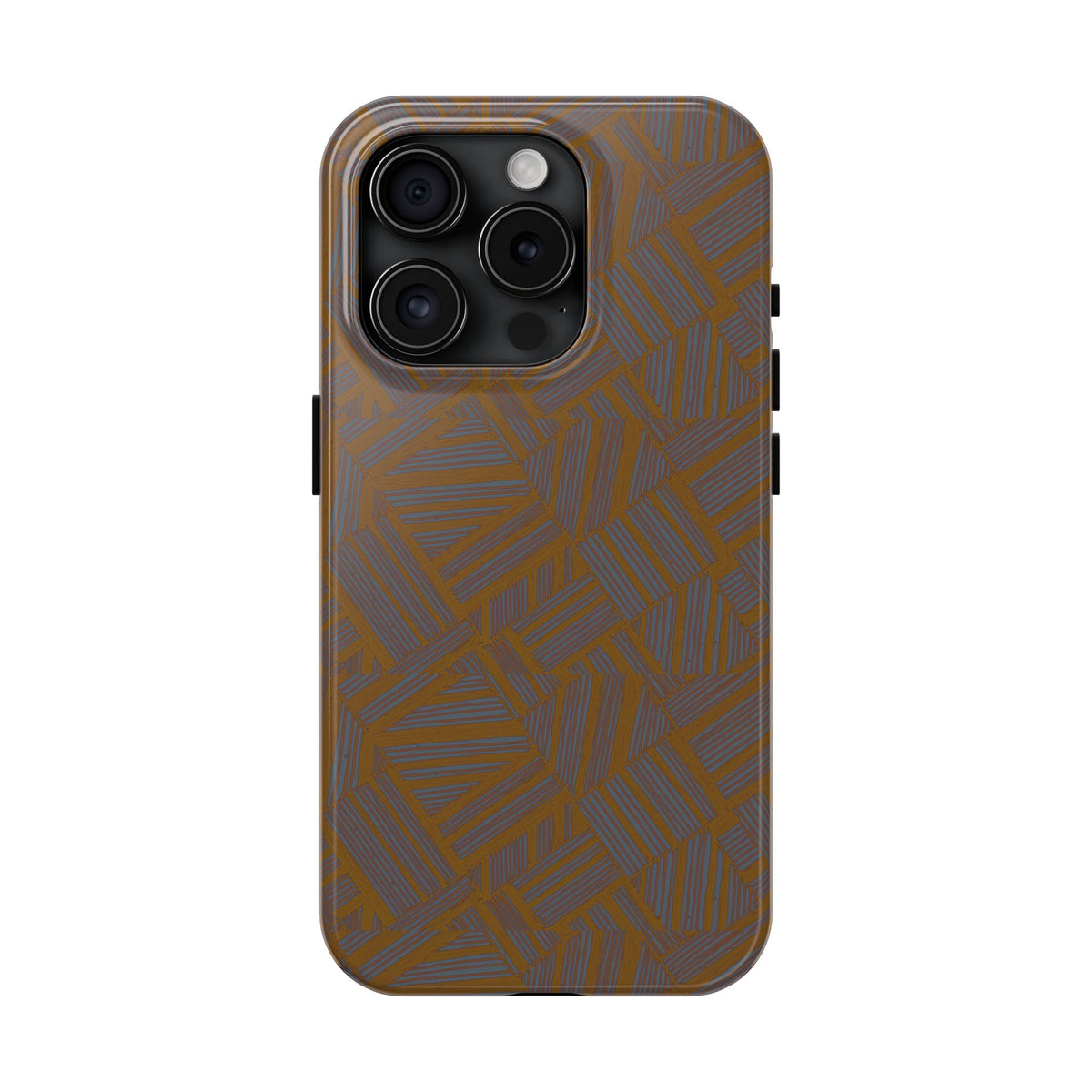 Tough Phone Case — Geometric Maze Brown Protective Cover, wireless charging iphone 18 pro max case with detailed brown and blue geometric maze lines.