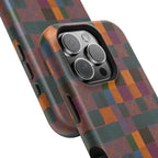Impact-Resistant Phone Case — Retro Checkerboard Pattern, Fractyl wireless charging iphone 18 pro case presented in an angled close-up with raised camera protection.