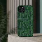 Green Magnetic Phone Case — 2-Layer Geometric MagSafe-Compatible Impact-Resistant Cover, green magnetic phone case- price match with CASETiFY and Casely, angled patterned phone cover in a dark geometric setting.