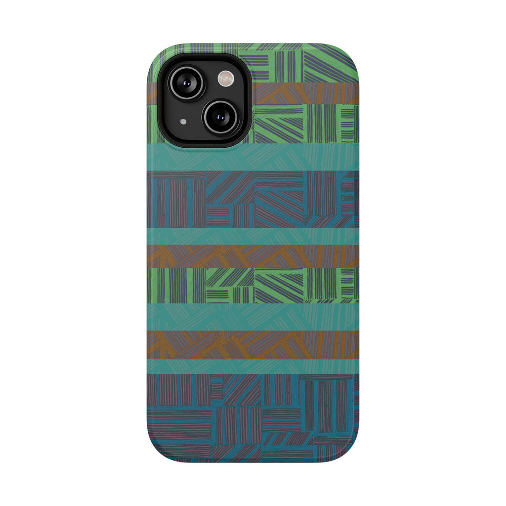 Green Geometric Stripe Phone Case — Impact-Resistant, wireless charging iphone 16 pro max case with protective camera cutout and textured stripe design.