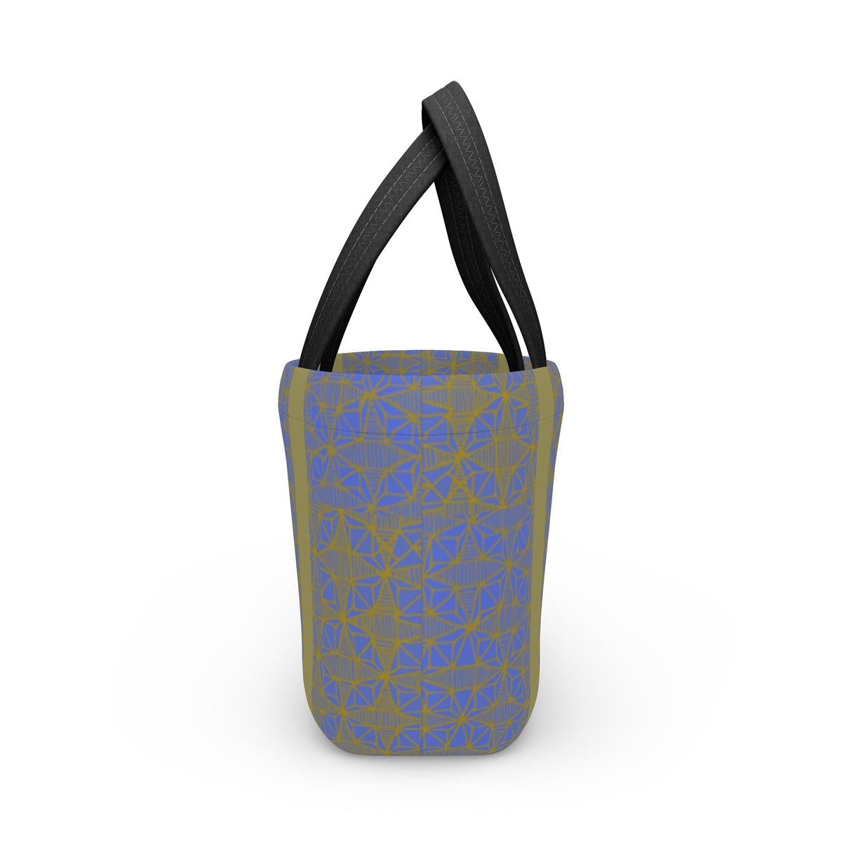 Modern Geometric Blue Olive Insulated Lunch Bag displayed from the front, offering a fashionable and compact lunch bag experience.
