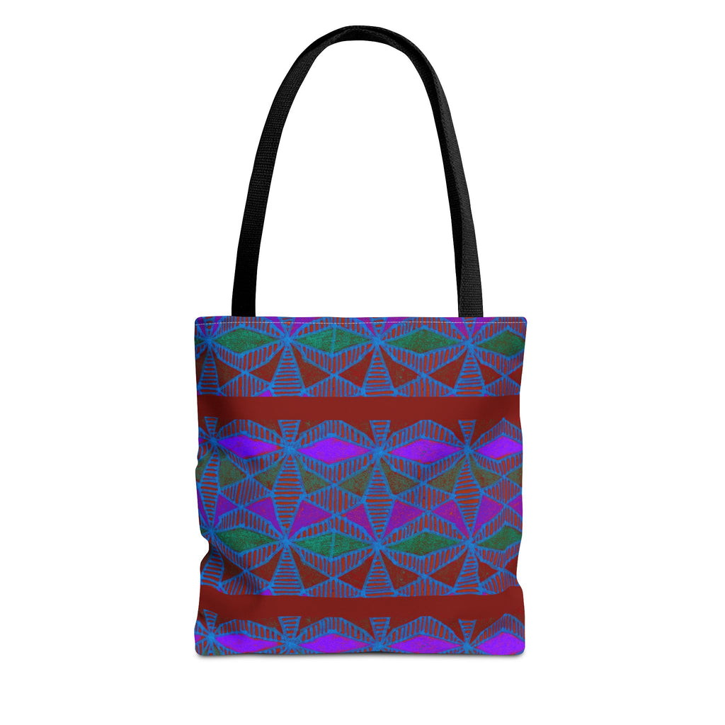 Geometric Heart Pattern Tote Bag — Vintage Tribal All-Over Print, stylish geometric canvas tote bag with black handles shown front view