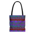 Geometric Heart Pattern Tote Bag — Vintage Tribal All-Over Print, stylish geometric canvas tote bag with black handles shown front view