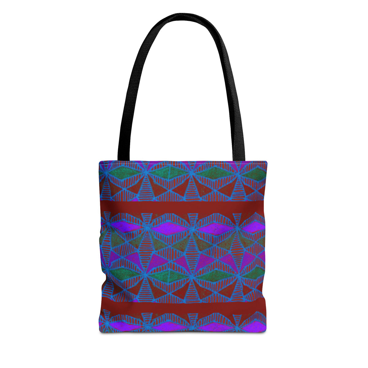 Geometric Heart Pattern Tote Bag — Vintage Tribal All-Over Print, stylish geometric canvas tote bag with black handles shown front view