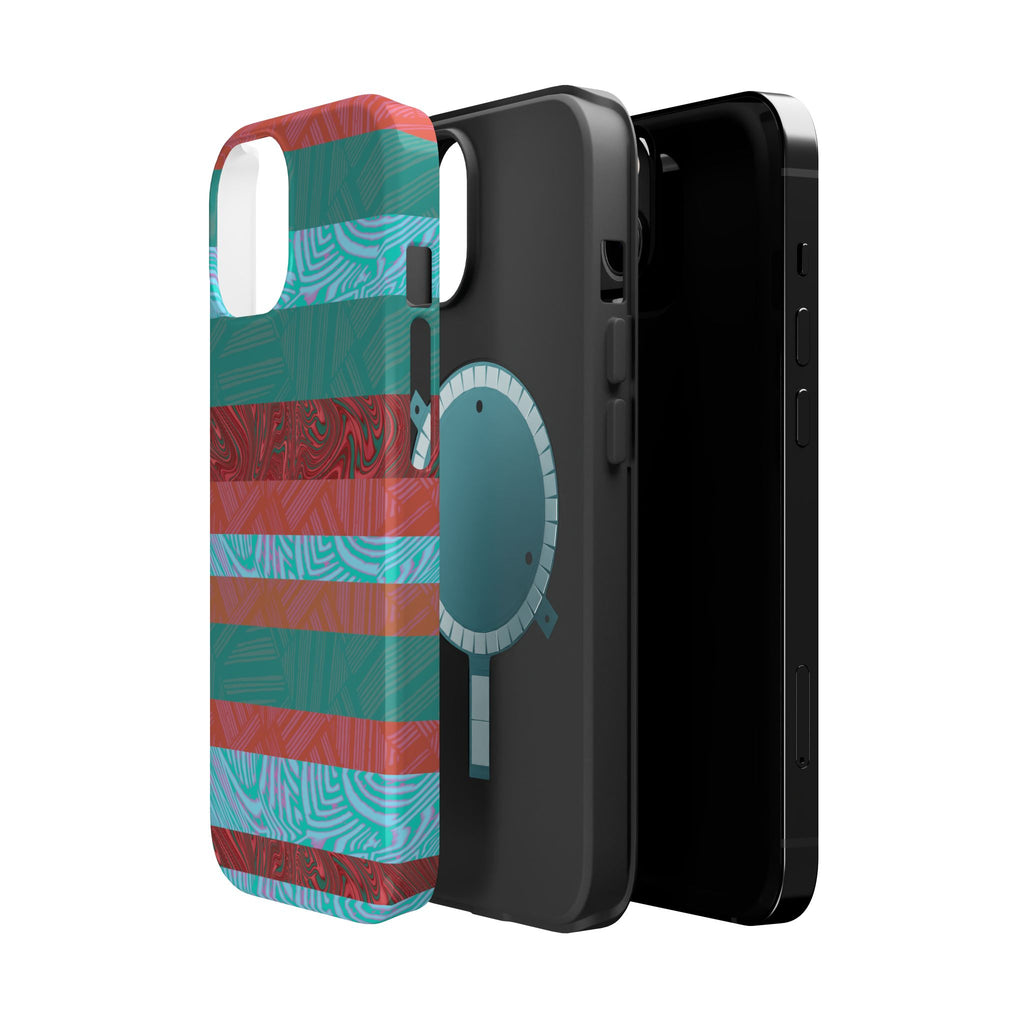 Striped Teal & Coral Magnetic Impact Phone Case rear design with marbled swirls, Fractyl magsafe compatible iphone 18 pro max case