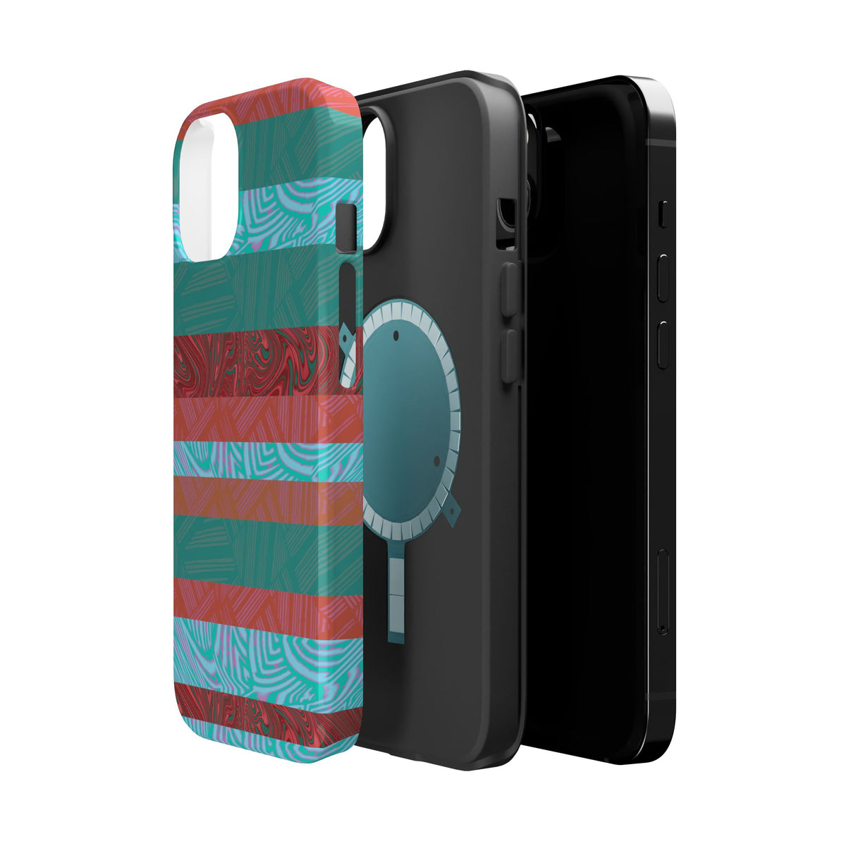 Striped Teal & Coral Magnetic Impact Phone Case rear design with marbled swirls, Fractyl magsafe compatible iphone 18 pro max case