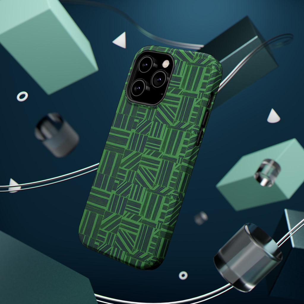 Green Magnetic Phone Case — 2-Layer Geometric MagSafe-Compatible Impact-Resistant Cover, green magnetic phone case- price match with CASETiFY and Casely, exposed magnetic liner and protective patterned shell.