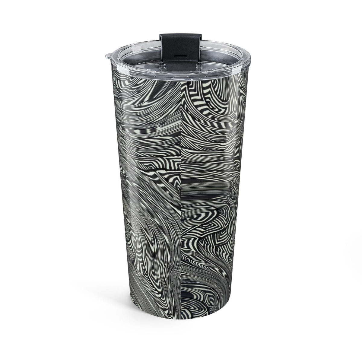20oz Stainless Travel Tumbler with a captivating black swirl art pattern from Printify. This dishwasher safe tumbler serves as a birthday tumbler or everyday tumbler, perfect for anyone who appreciates unique, modern aesthetics in their metal travel cup.