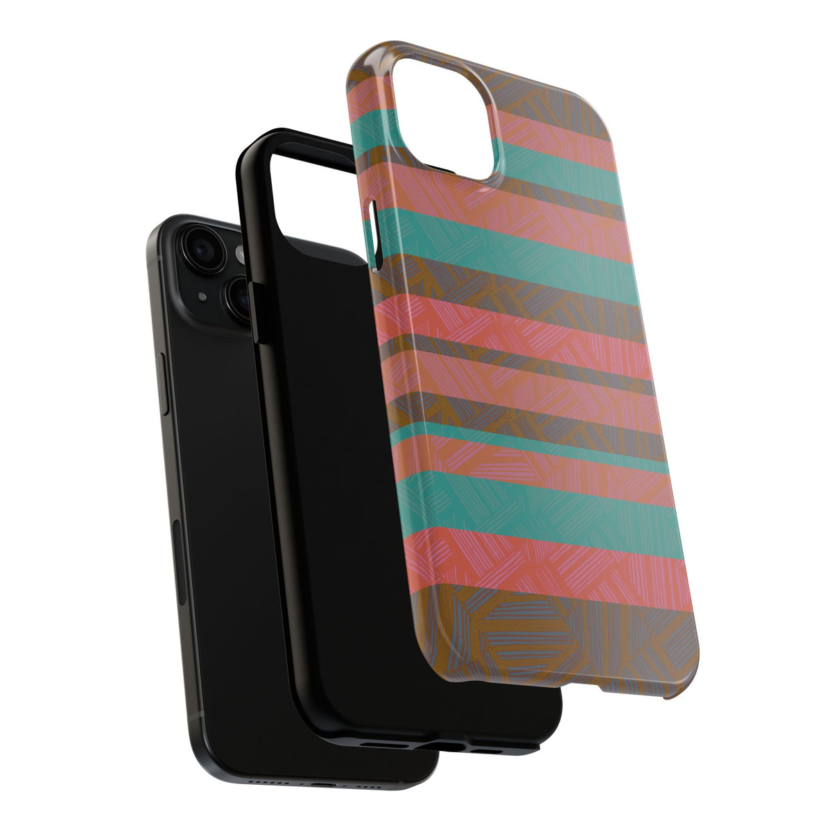 Striped Tribal Tough Phone Case — Retro Teal & Coral Protective Cover with detailed side buttons and camera protection on a fractyl shockproof iphone 17 pro case