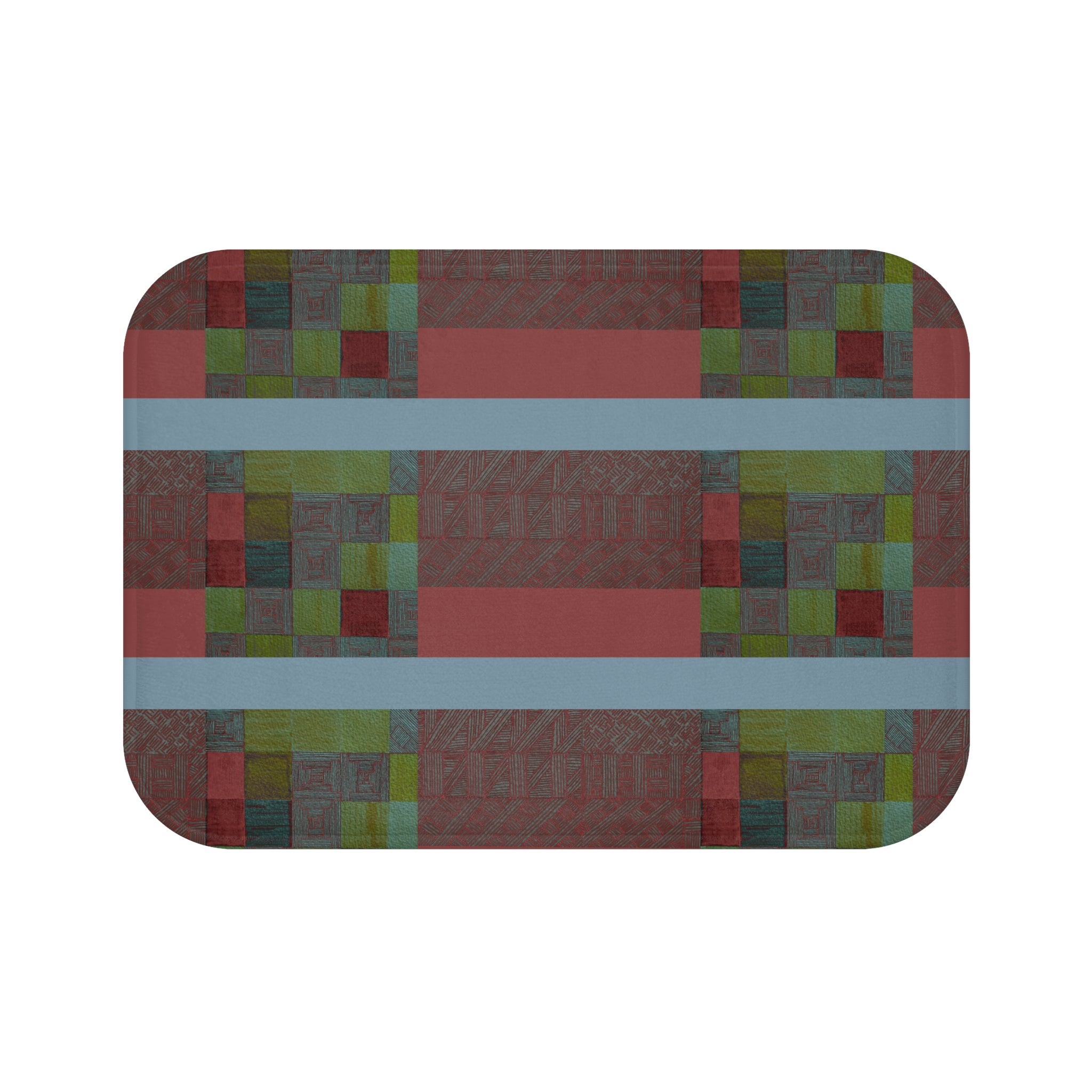 Geometric Patchwork Bath Mat — Red, Olive & Slate Striped Floor Rug