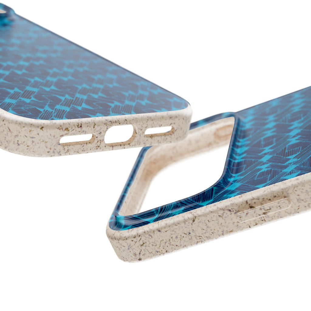 Detailed view of the Eco-Friendly Blue Geometric Plant-Based Phone Case – Biodegradable & MagSafe® Compatible, featuring precise cutouts for buttons and ports for easy access.