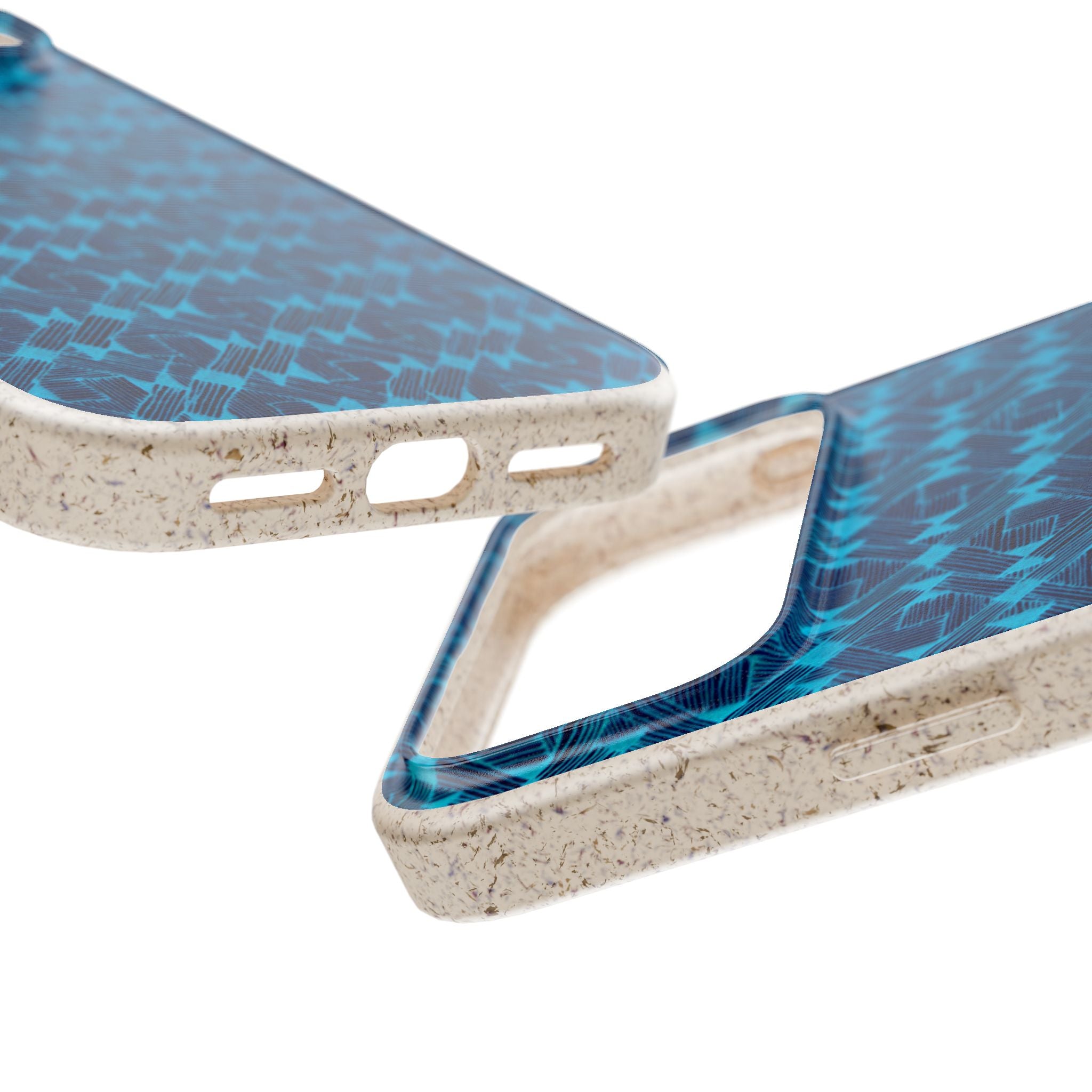 Detailed view of the Eco-Friendly Blue Geometric Plant-Based Phone Case – Biodegradable & MagSafe® Compatible, featuring precise cutouts for buttons and ports for easy access.