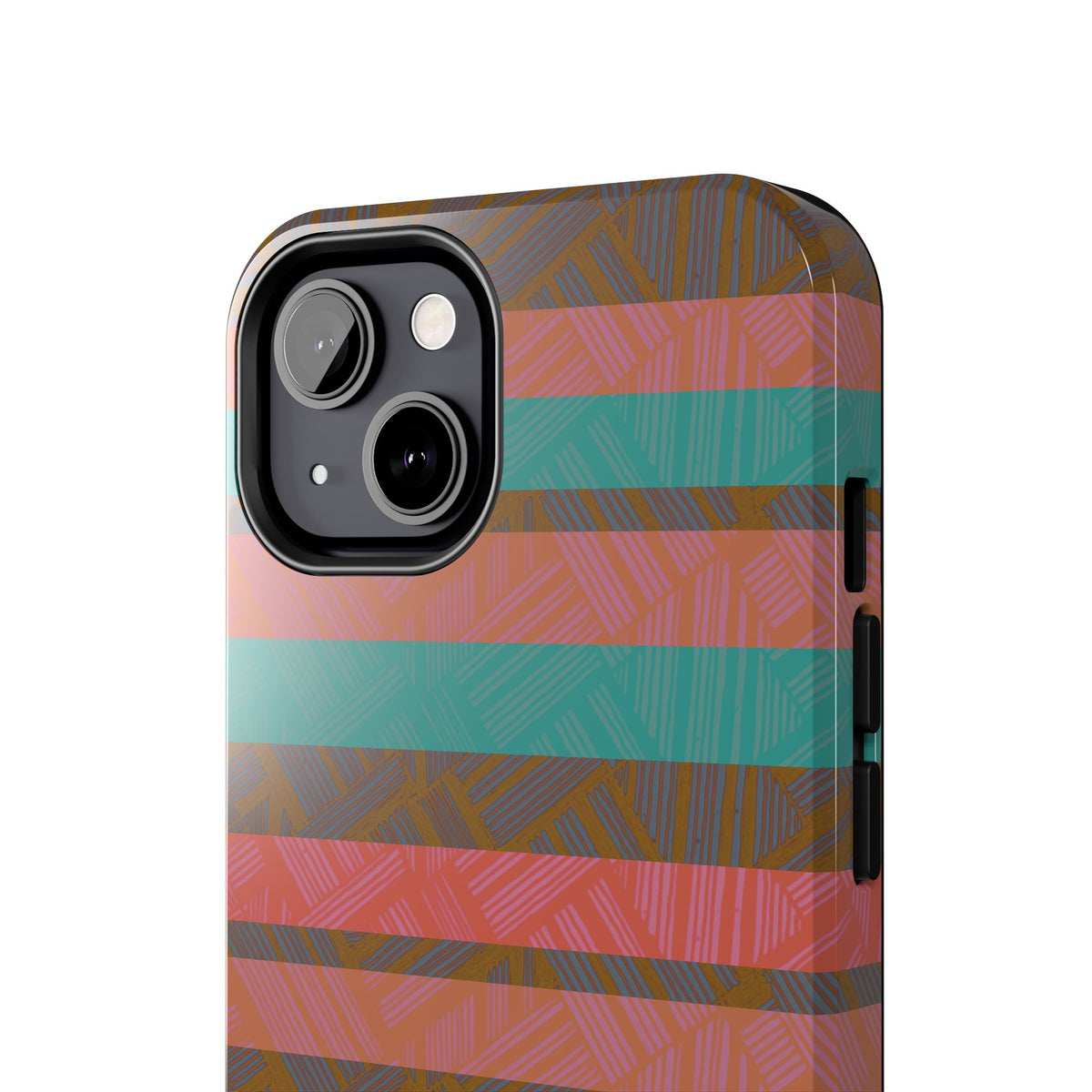 Striped Tribal Tough Phone Case — Retro Teal & Coral Protective Cover front view with precise camera protection for a fractyl shockproof iphone 17 pro case