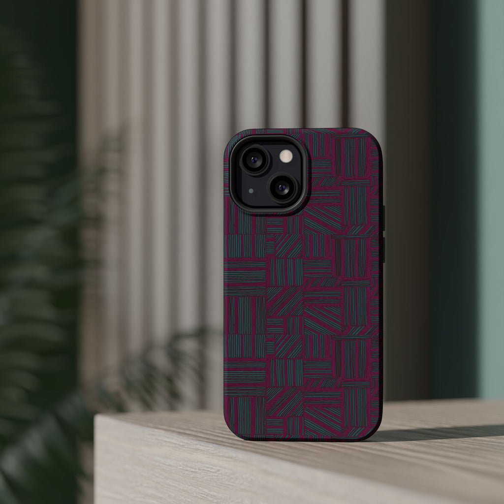 Slim Protective Phone Case With MagSafe, Dual-Layer Impact Protection, Plum Geometric Design, lifestyle view of the plum geometric case floating in a modern composition; slim protective iphone 16 promax  case.
