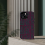 Slim Protective Phone Case With MagSafe, Dual-Layer Impact Protection, Plum Geometric Design, lifestyle view of the plum geometric case floating in a modern composition; slim protective iphone 16 promax  case.