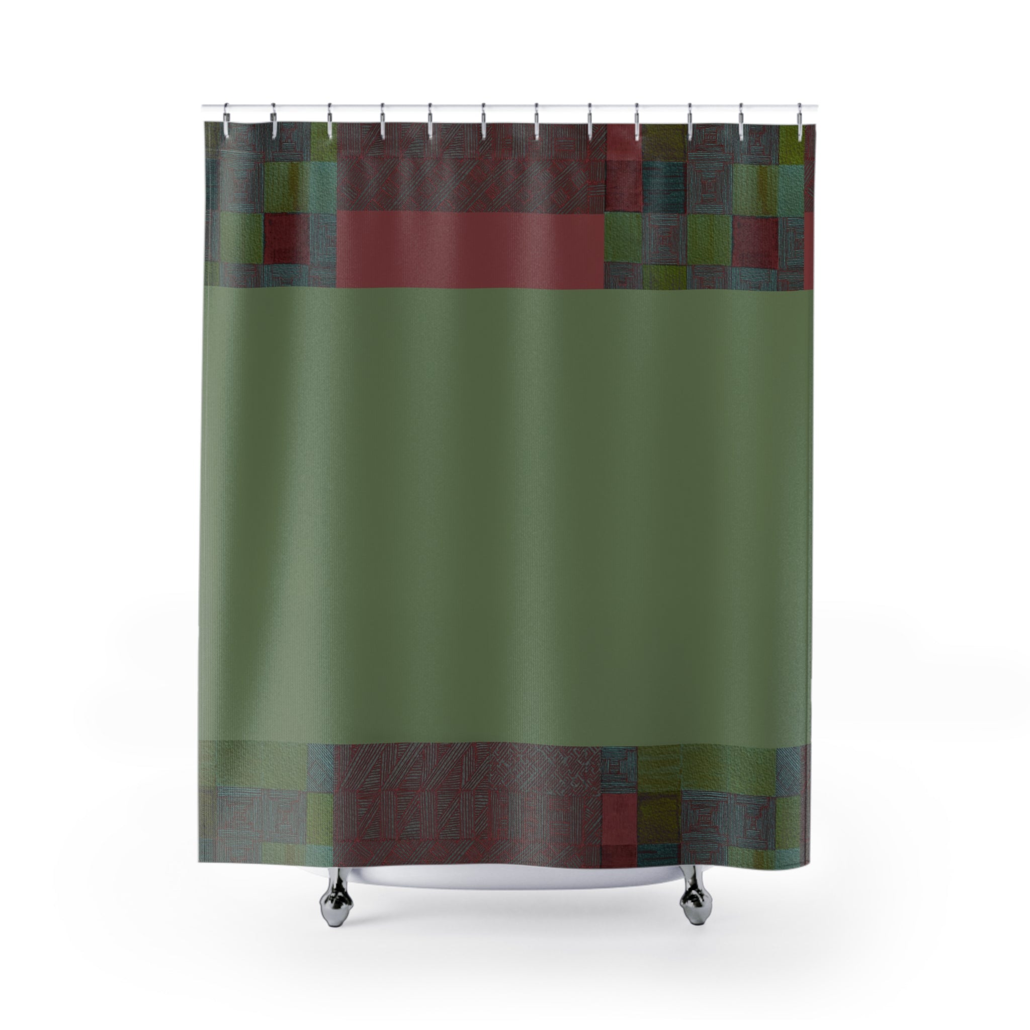 Earthtone Geometric Shower Curtain — Olive Green & Brick Red Modern Bath Decor
