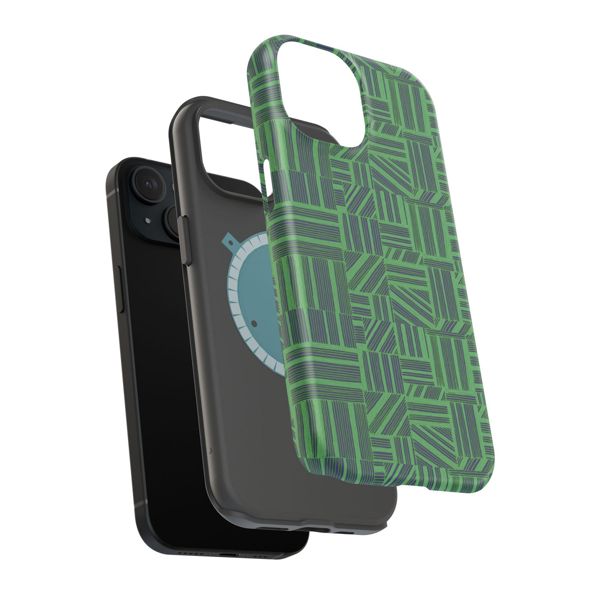 Green Magnetic Phone Case — 2-Layer Geometric MagSafe-Compatible Impact-Resistant Cover, green magnetic phone case- price match with CASETiFY and Casely, precise bottom cutouts for charging and speakers.