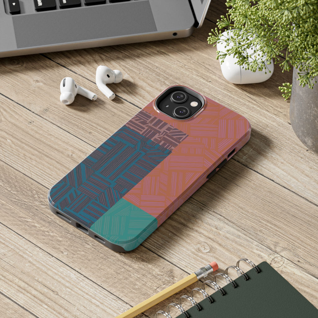 Abstract Geometric Tough Phone Case — Retro Block Pattern, retro iphone 18 pro max case close-up showing detailed terracotta, teal, and slate geometric linework.