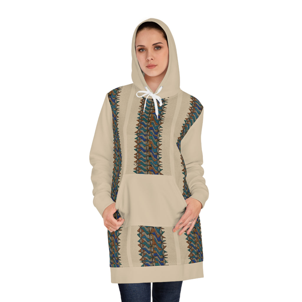 Bohemian Stripe Hoodie Dress — Cozy Beige AOP Pullover for Fall, model wearing a cozy pullover dress with earthy blue and brown striped print, hood, and kangaroo pocket