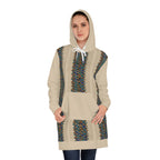Bohemian Stripe Hoodie Dress — Cozy Beige AOP Pullover for Fall, model wearing a cozy pullover dress with earthy blue and brown striped print, hood, and kangaroo pocket