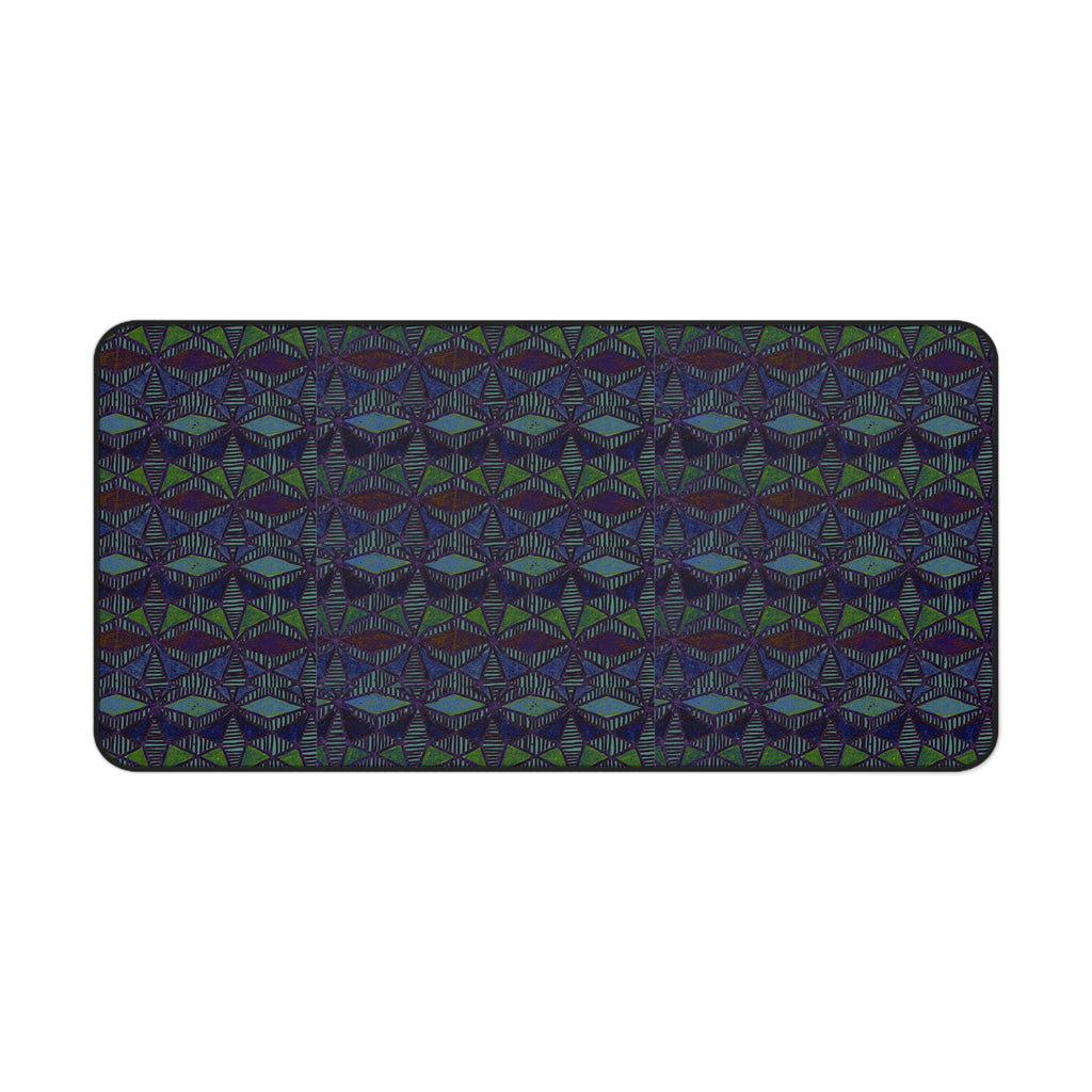 Striped Geometric Desk Mat — Dark Green & Navy Patterned Workspace Pad