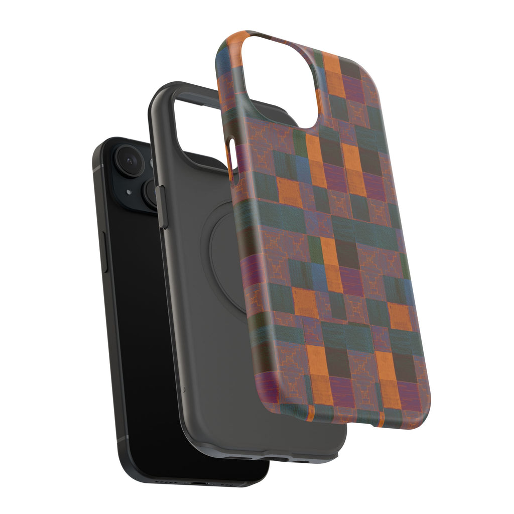 Impact-Resistant Phone Case — Retro Checkerboard Pattern, Fractyl wireless charging iphone 18 pro case displayed at an angle to show its slim protective edges.