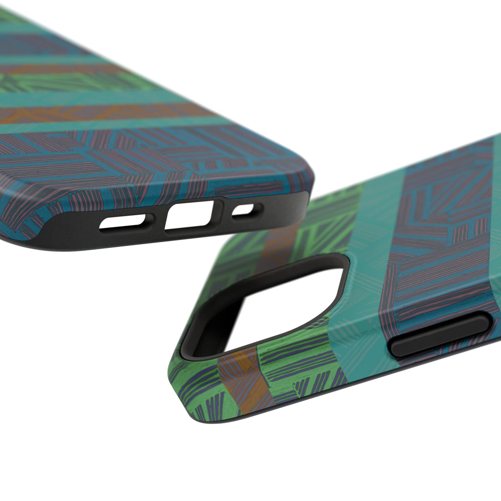 Green Geometric Stripe Phone Case — Impact-Resistant, wireless charging iphone 16 pro max case with raised camera protection and shock-resistant edges.