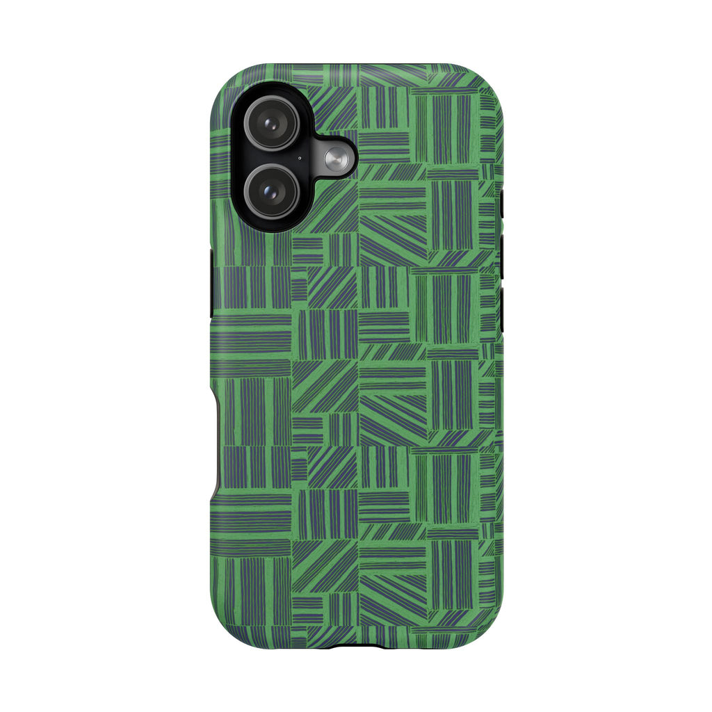 Green Magnetic Phone Case — 2-Layer Geometric MagSafe-Compatible Impact-Resistant Cover, green magnetic phone case- price match with CASETiFY and Casely, triple-camera case with crisp geometric print.