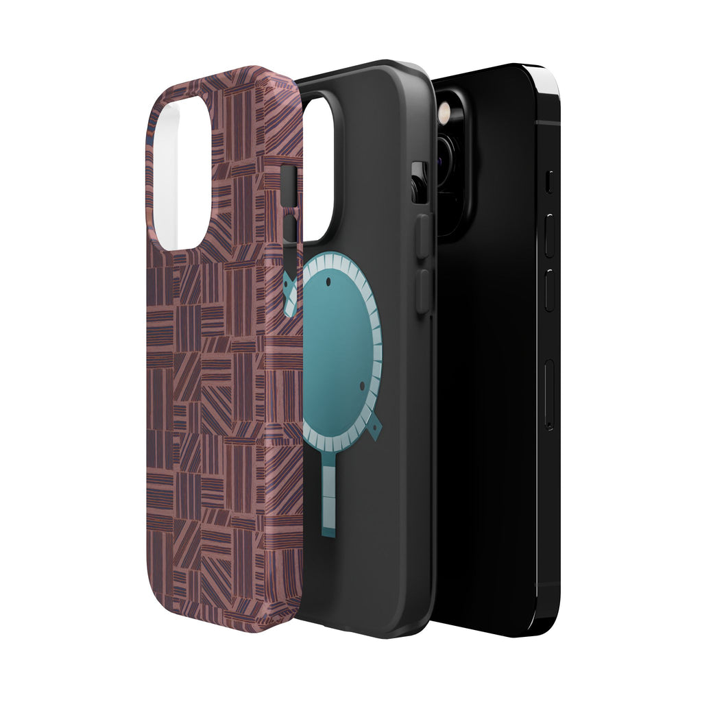 MagSafe Impact Resistant Phone Case - Geometric Brown Pattern, Dual-Layer Protection, exploded MagSafe-compatible design; impact resistant iphone 17 pro max case