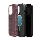 MagSafe Impact Resistant Phone Case - Geometric Brown Pattern, Dual-Layer Protection, exploded MagSafe-compatible design; impact resistant iphone 17 pro max case