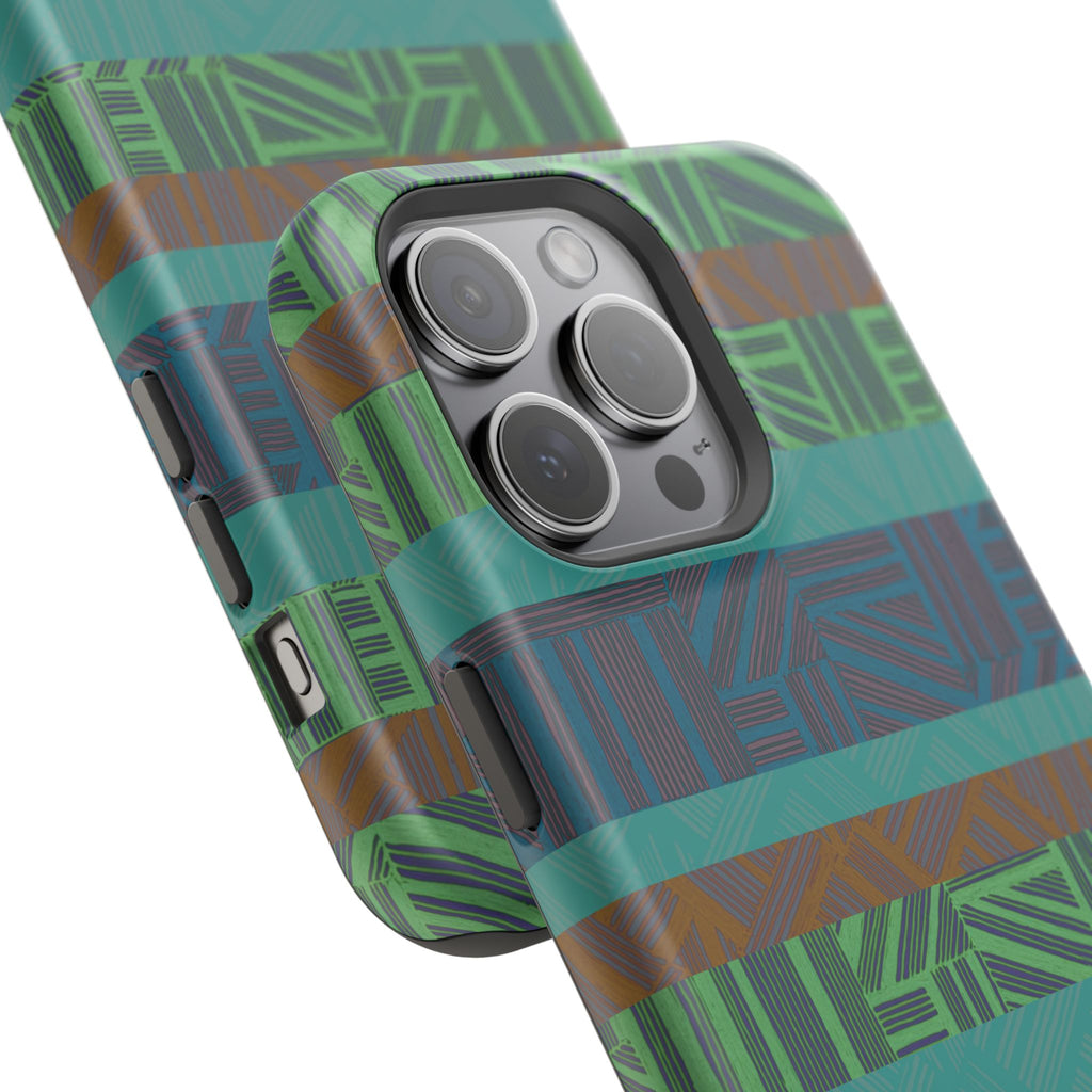 Green Geometric Stripe Phone Case — Impact-Resistant, wireless charging iphone 16 pro max case shown in an exploded view with dual-layer construction.