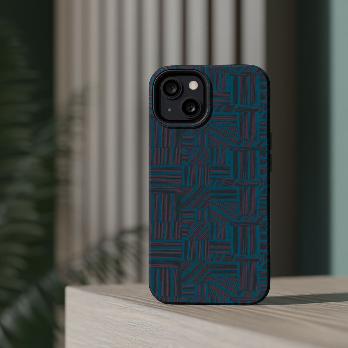 Impact Resistant Phone Case-20% OFF Entire Order, And Free Shipping, Teal Geometric MagSafe case photographed in a contemporary home interior; impact resistant iphone 17 case-20% OFF Entire Order, and Free Shipping.