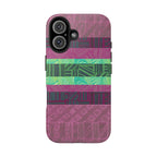 Fractyl glossy protective iphone 18 pro max case, Geometric Stripes Tough Phone Case — Purple & Teal Tribal Pattern, detailed camera clearance view