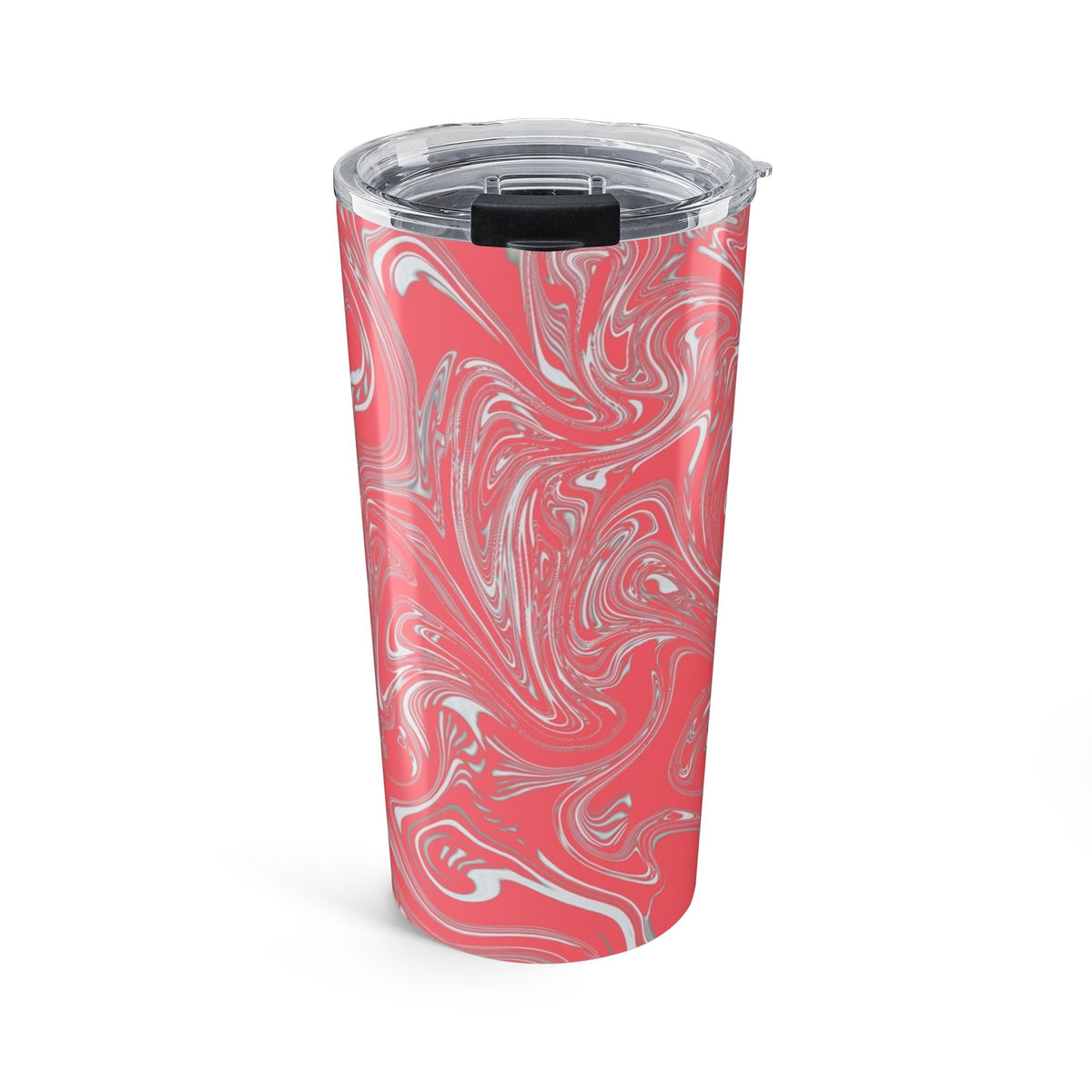 20oz Coral Marble Tumbler showcasing a vibrant swirl pattern in stainless steel, perfect for travel and insulated drinks.