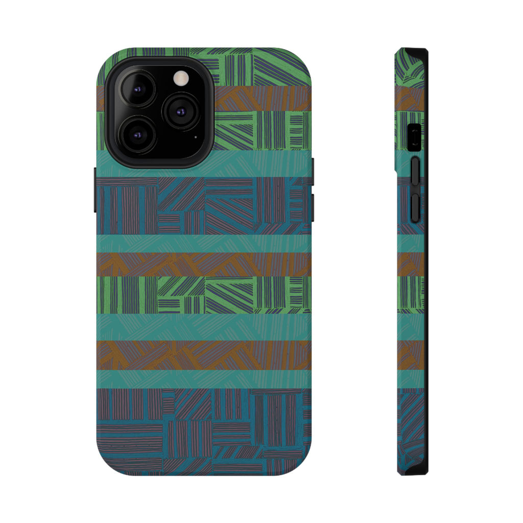 Green Geometric Stripe Phone Case — Impact-Resistant, wireless charging iphone 16 pro max case side profile with teal, green, and brown geometric stripes.