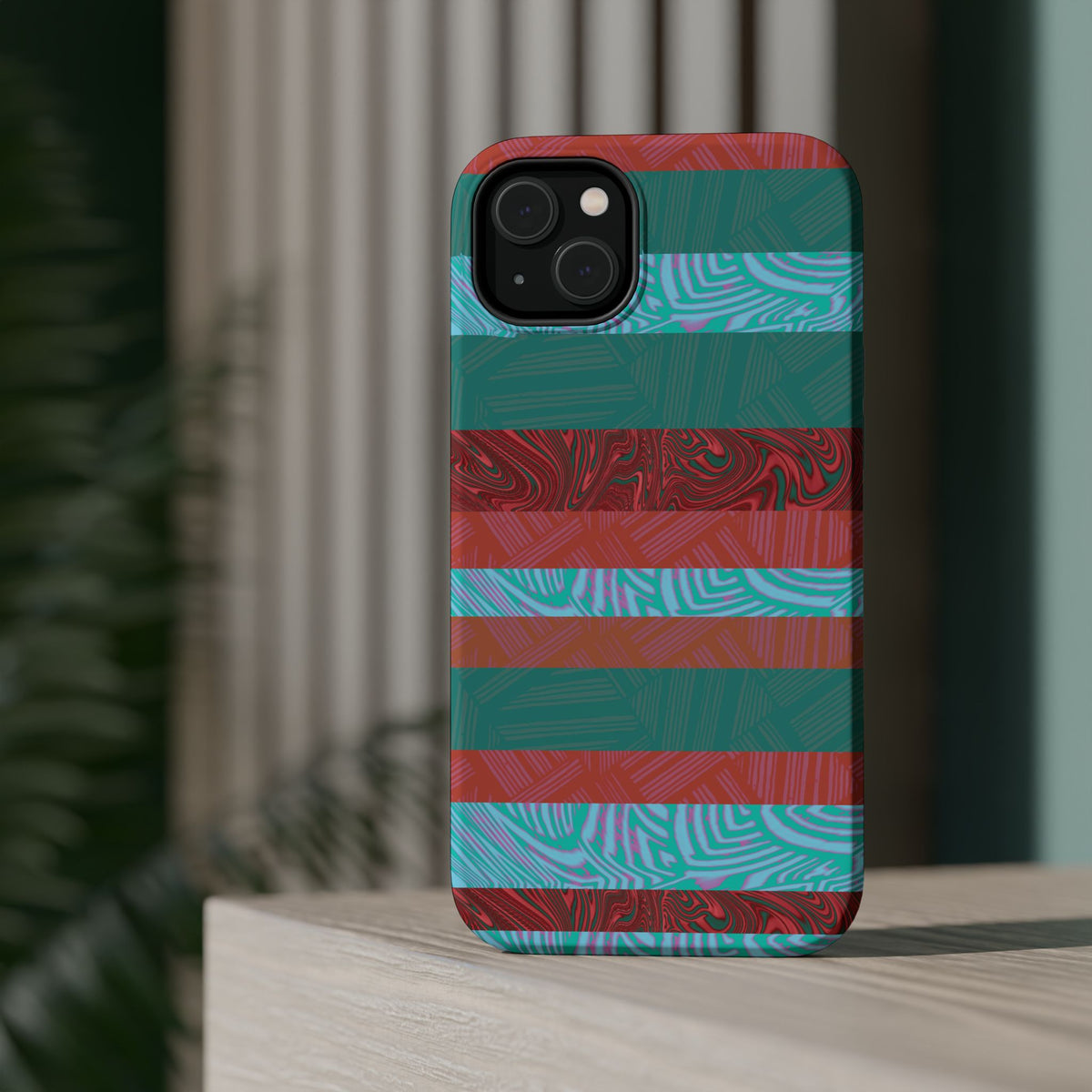 Striped Teal & Coral Magnetic Impact Phone Case close-up rear camera fit, Fractyl magsafe compatible iphone 18 pro max case