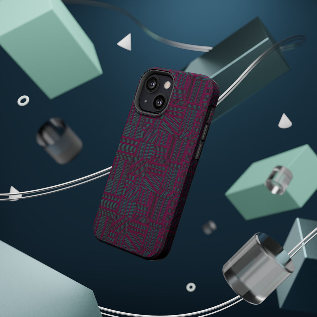 Slim Protective Phone Case With MagSafe, Dual-Layer Impact Protection, Plum Geometric Design, exploded view showing the printed case, protective liner, and smartphone; slim protective iphone 16 promax  case.