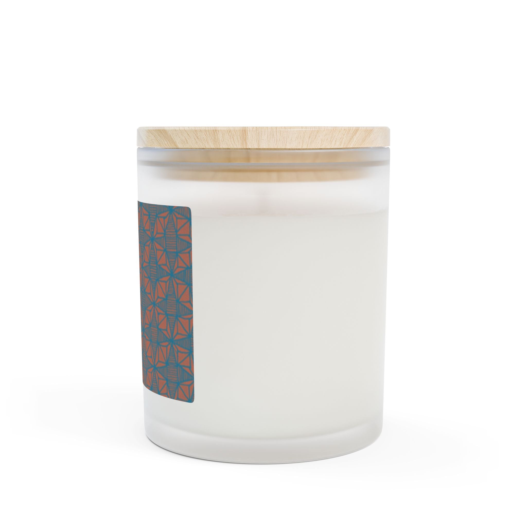 Elegant Frosted Glass Candle — Warm Geometric Pattern Scented Candle for Home viewed from a side angle, emphasizing its unique geometric label design.