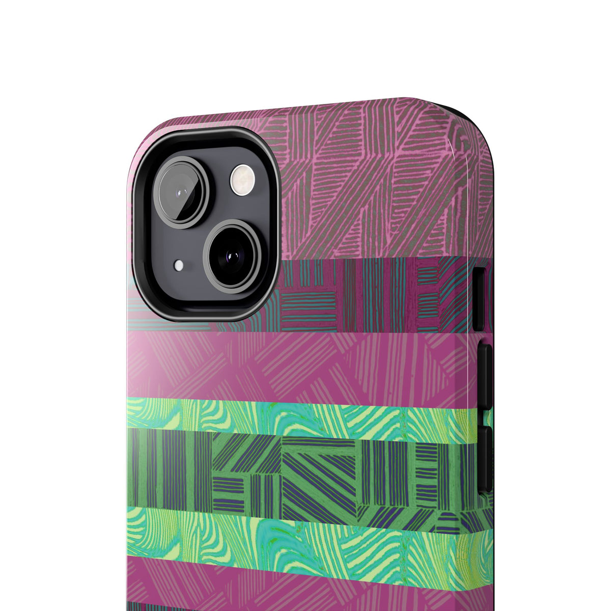 Fractyl glossy protective iphone 18 pro max case, Geometric Stripes Tough Phone Case — Purple & Teal Tribal Pattern, close-up view of raised camera protection