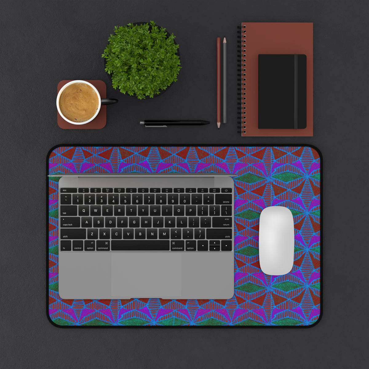 Geometric Neon Wave Desk Mat — Retro Purple & Teal Gamer Desk Pad gaming desk mat under a laptop and mouse on a modern workstation.