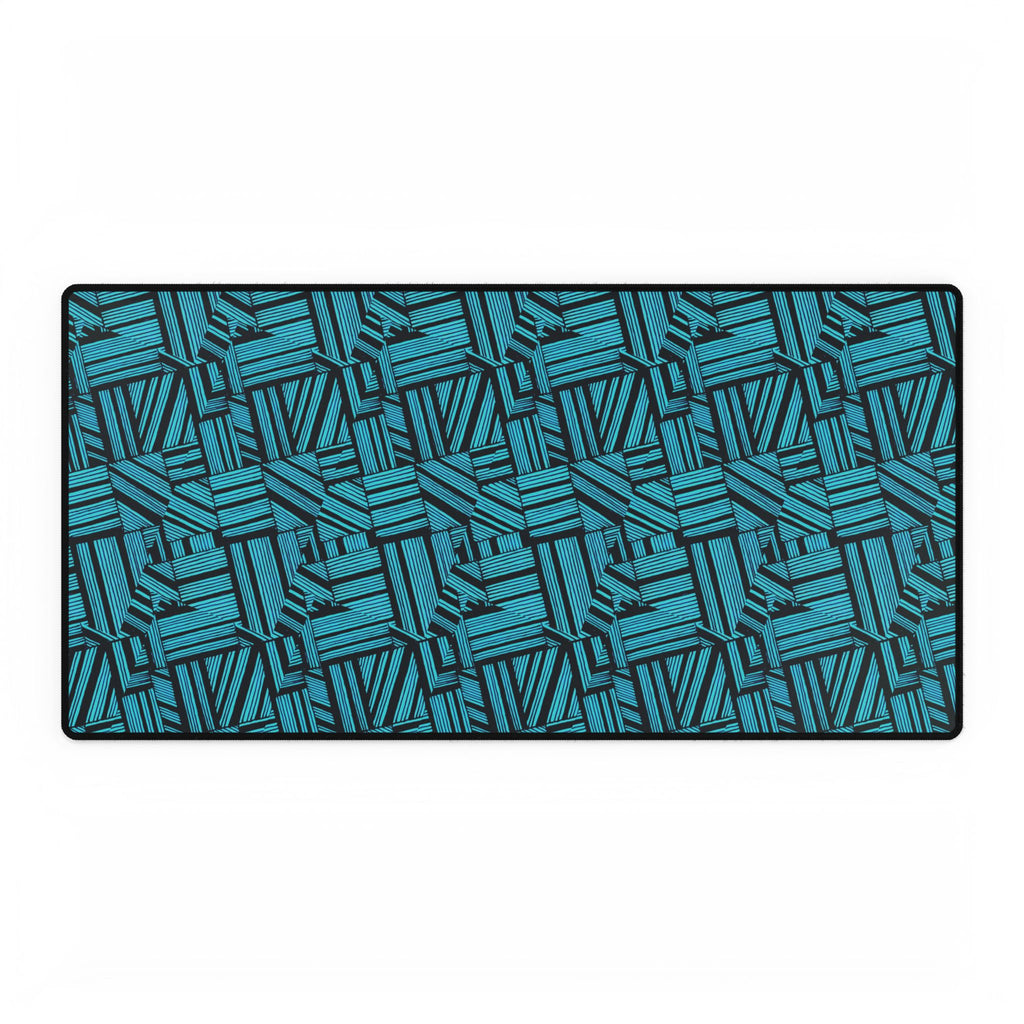 Geometric Teal Desk Mat — Large Patterned Mousepad for Office & Gaming, gaming desk mat shown from above with a bold teal and deep navy geometric pattern and stitched edges