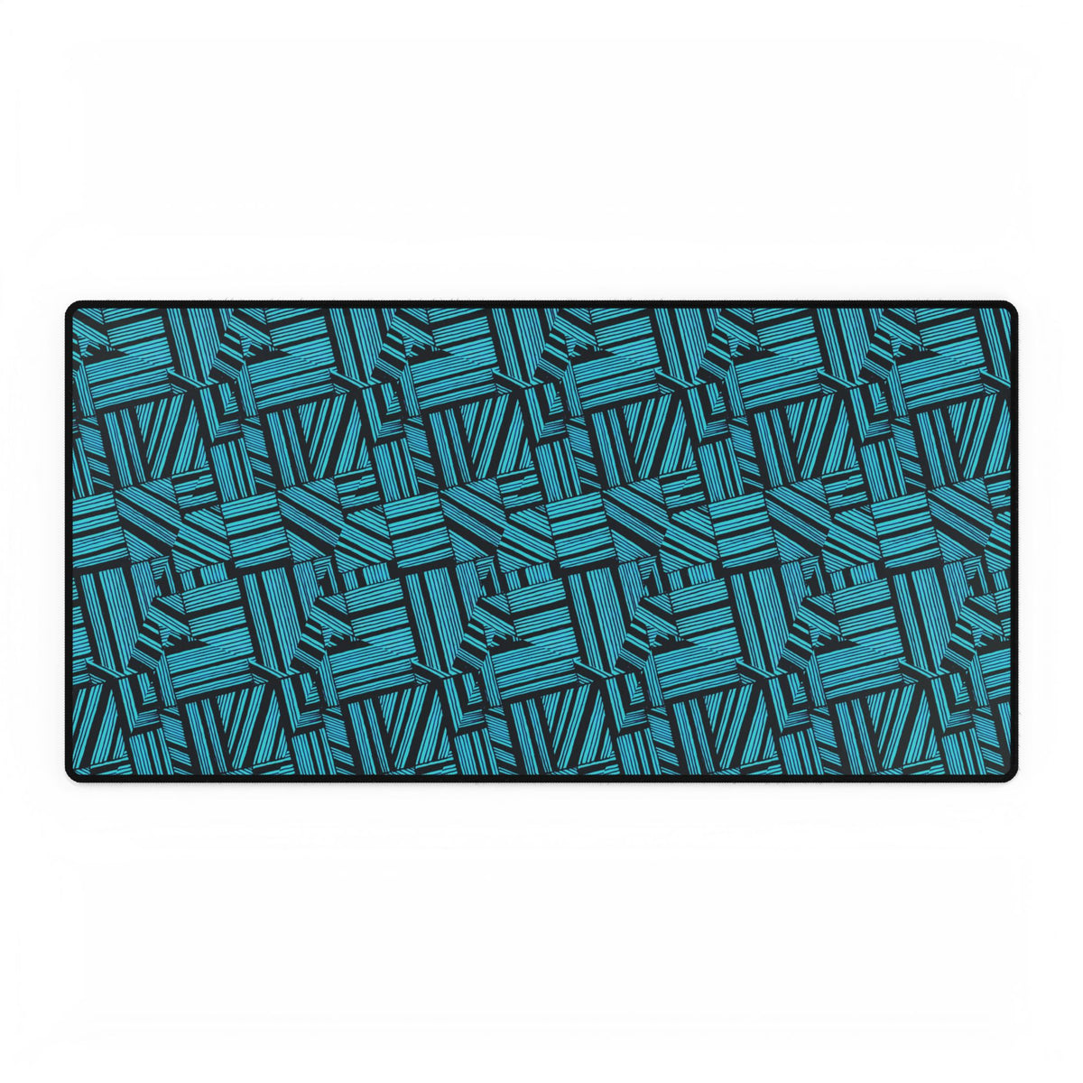 Geometric Teal Desk Mat — Large Patterned Mousepad for Office & Gaming, gaming desk mat shown from above with a bold teal and deep navy geometric pattern and stitched edges