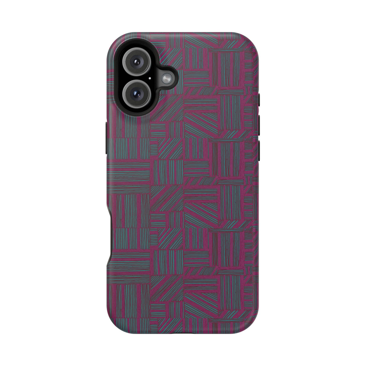 Slim Protective Phone Case With MagSafe, Dual-Layer Impact Protection, Plum Geometric Design, two-camera rear case with raised protective rim; slim protective iphone 16 promax  case.
