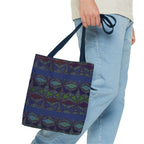 Geometric Indigo Printed Canvas Market Tote With Reinforced Handles And Boxed Corners, large cotton tote carried by hand with navy handles